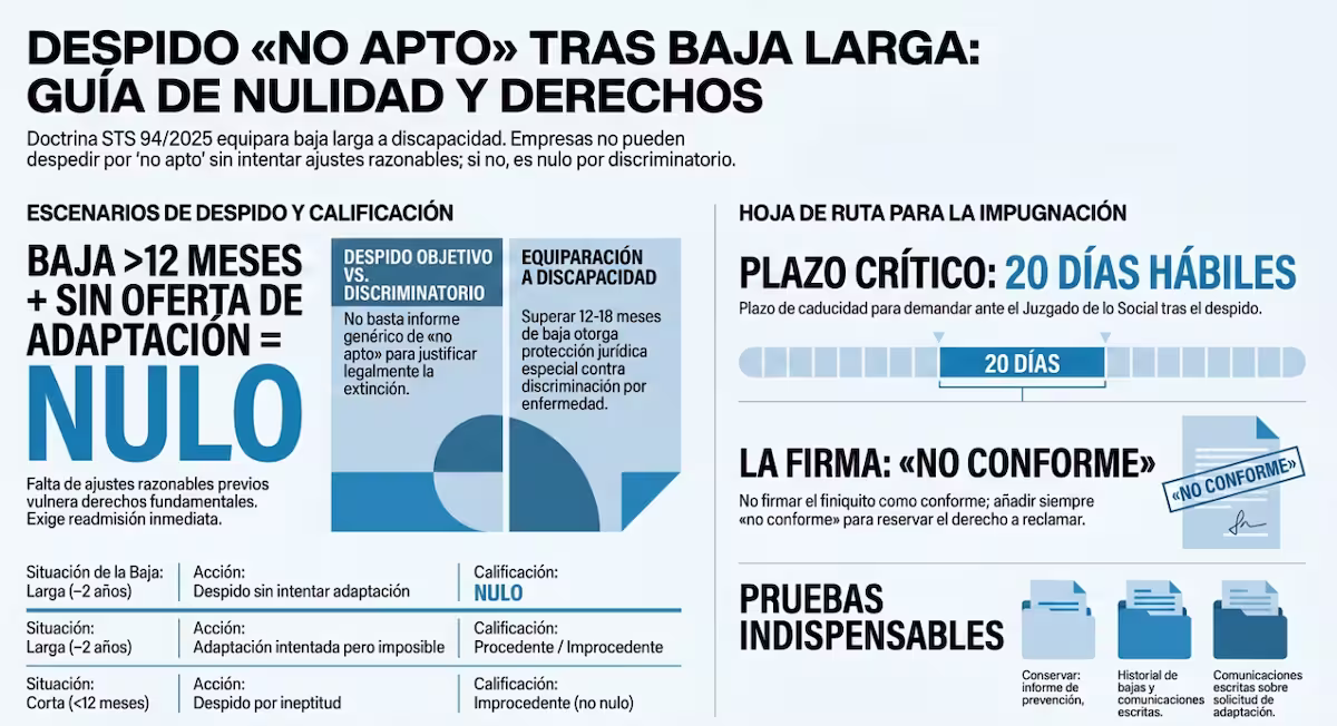 guia sobre requisitos, pruebas y plazos sobre el despido no apto tras baja larga, nulidad y derechos
