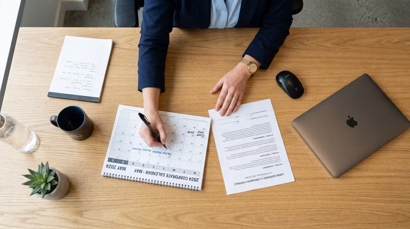 Empleado revisando un calendario en la oficina para calcular sus días naturales de vacaciones laborales