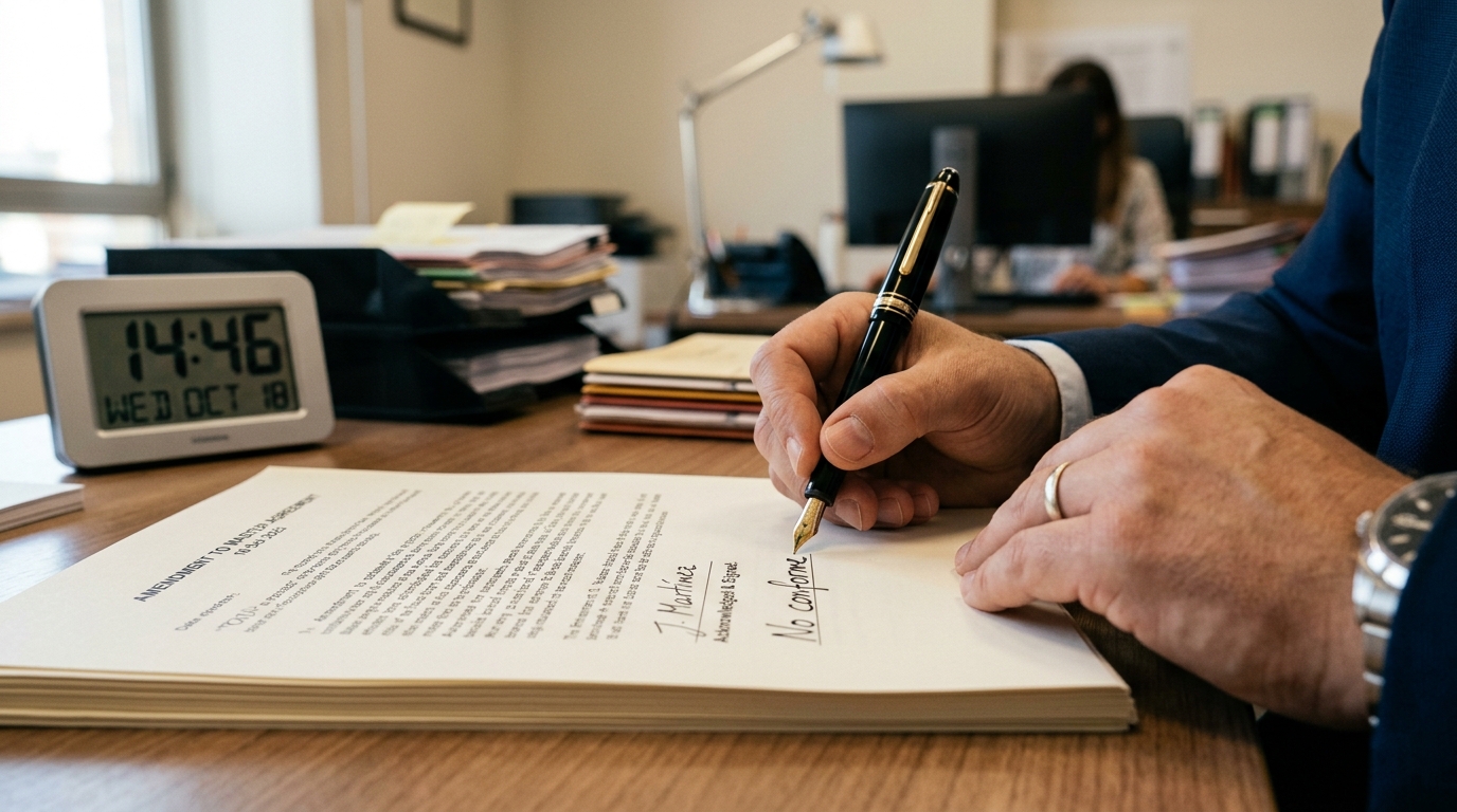 Detalle de la mano de un trabajador firmando como no conforme su carta de despido legal.