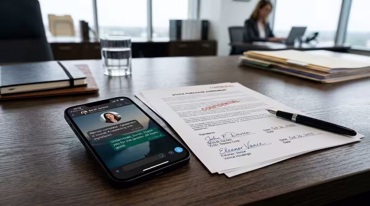 Teléfono móvil con chat de WhatsApp junto a contrato laboral