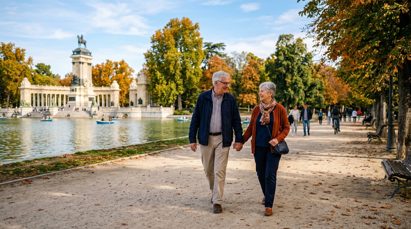 Una pareja de jubilados pasea de la mano por el Parque del Retiro de Madrid