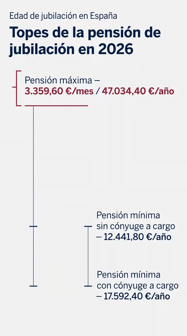 Pensión máxima y pensión mínima de jubilación en España 2026, 3359,60 euros mensuales de tope máximo