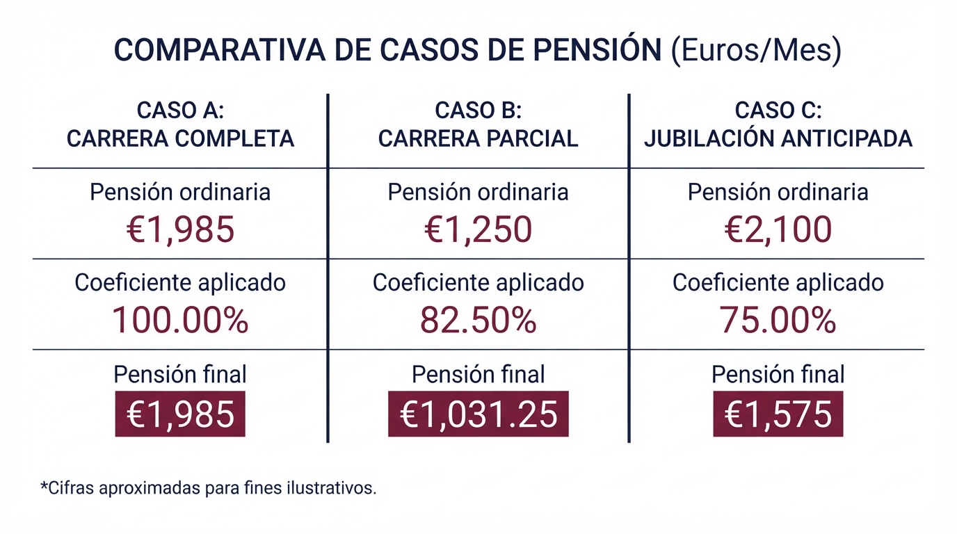 Comparativa de tres casos reales de jubilación anticipada voluntaria en euros